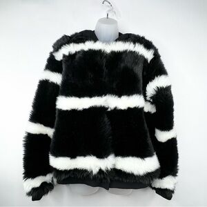 Roxy Carrie Faux Fur Black and White Jacket/Coat, Hooded Women Size Large EUC